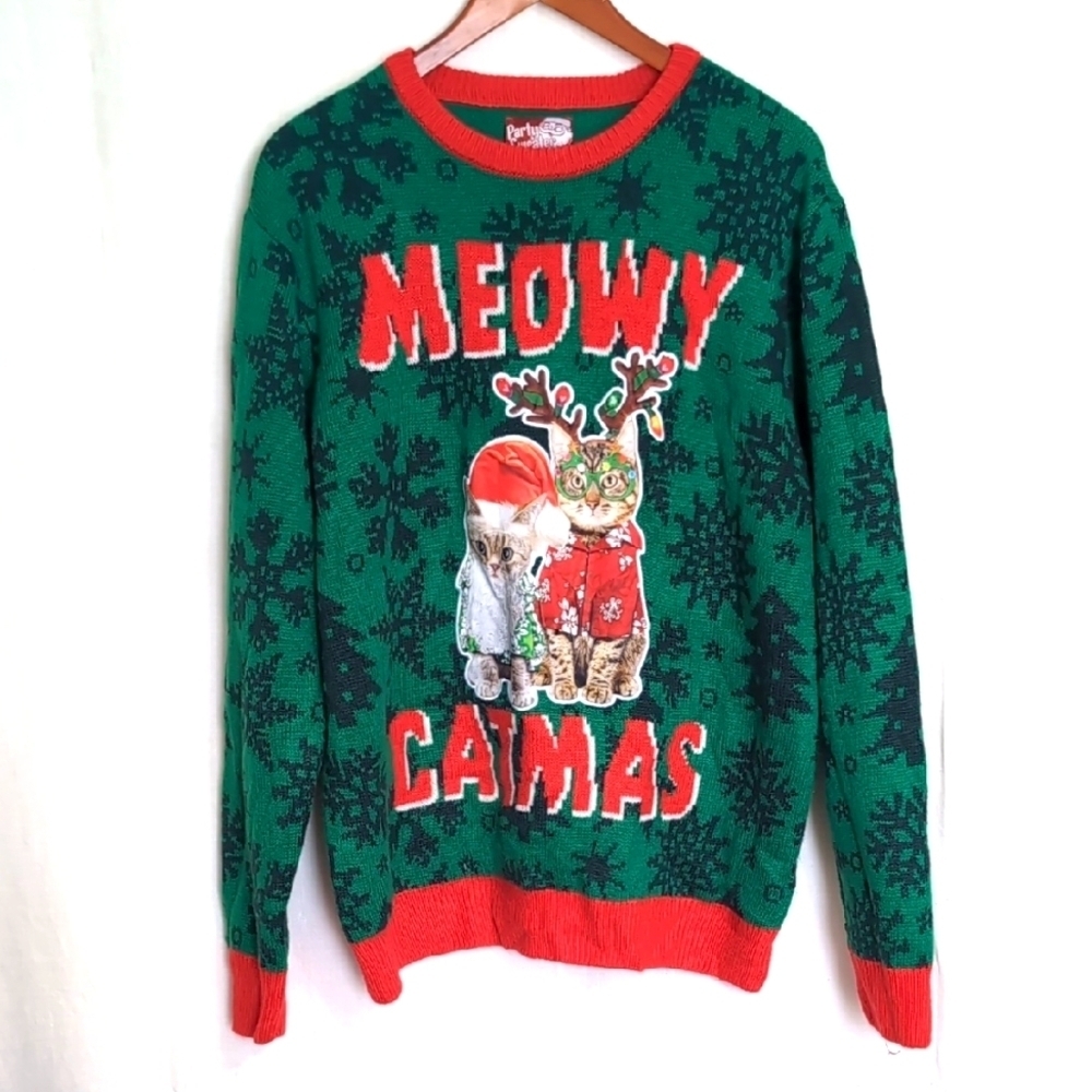 Party Sweater Green Red Meowy Catmas Ugly Christmas Sweater Size Extra Large